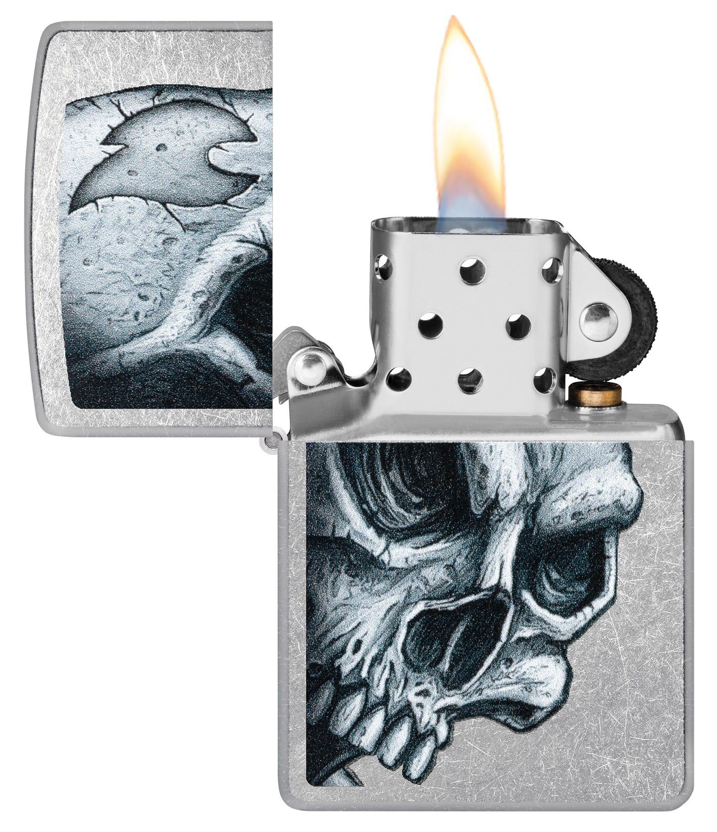 Zippo Skull and Flame Design Street Chrome Windproof Lighter with its lid open and lit.