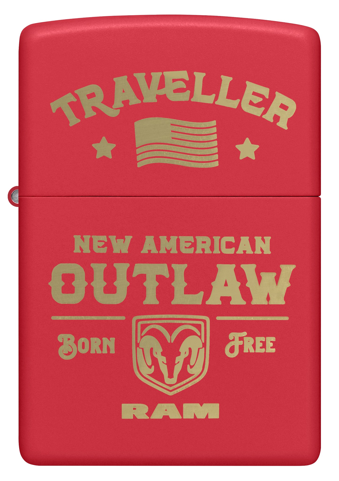 Front view of Zippo Ram Traveller Design Red Matte Windproof Lighter.