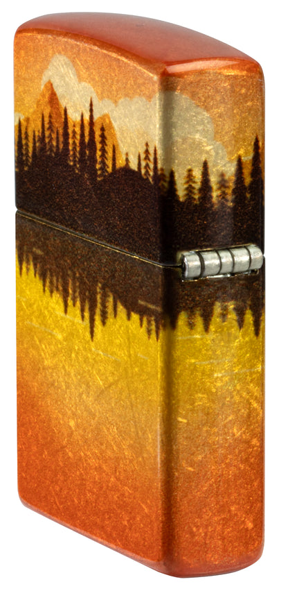 Angled shot of  Zippo Fishing Fusion Design 540 Tumbled Brass Windproof Lighter showing the back and hinge side of the lighter.
