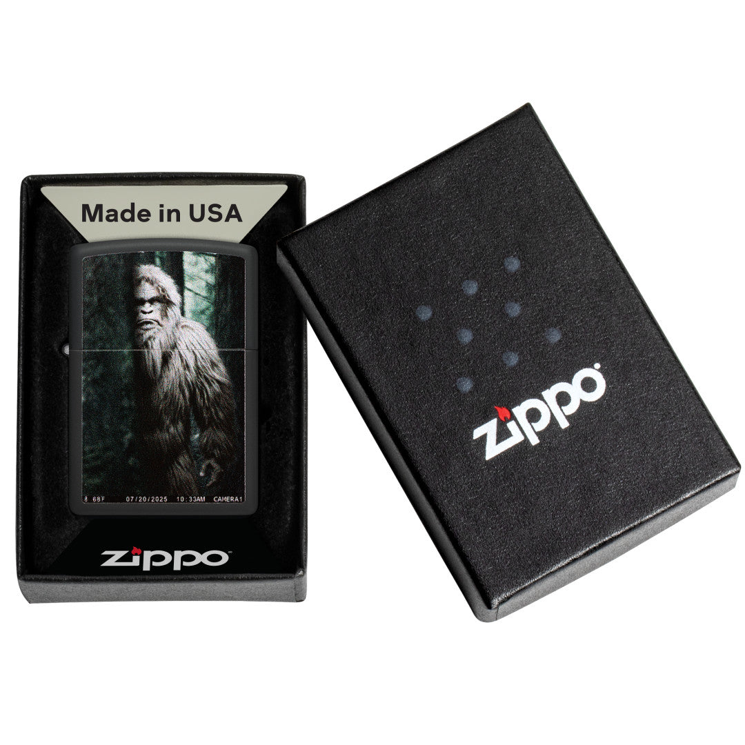 Zippo Squatch Cam Design Black Matte Windproof Lighter in its packaging.