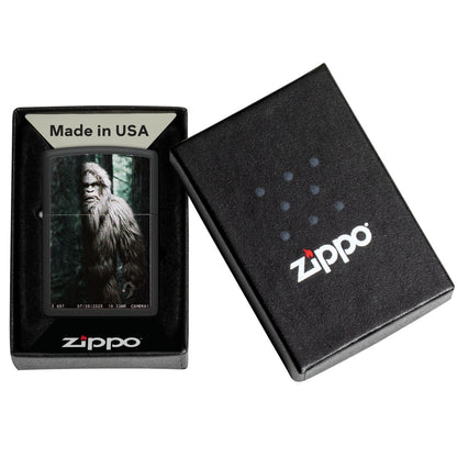 Zippo Squatch Cam Design Black Matte Windproof Lighter in its packaging.