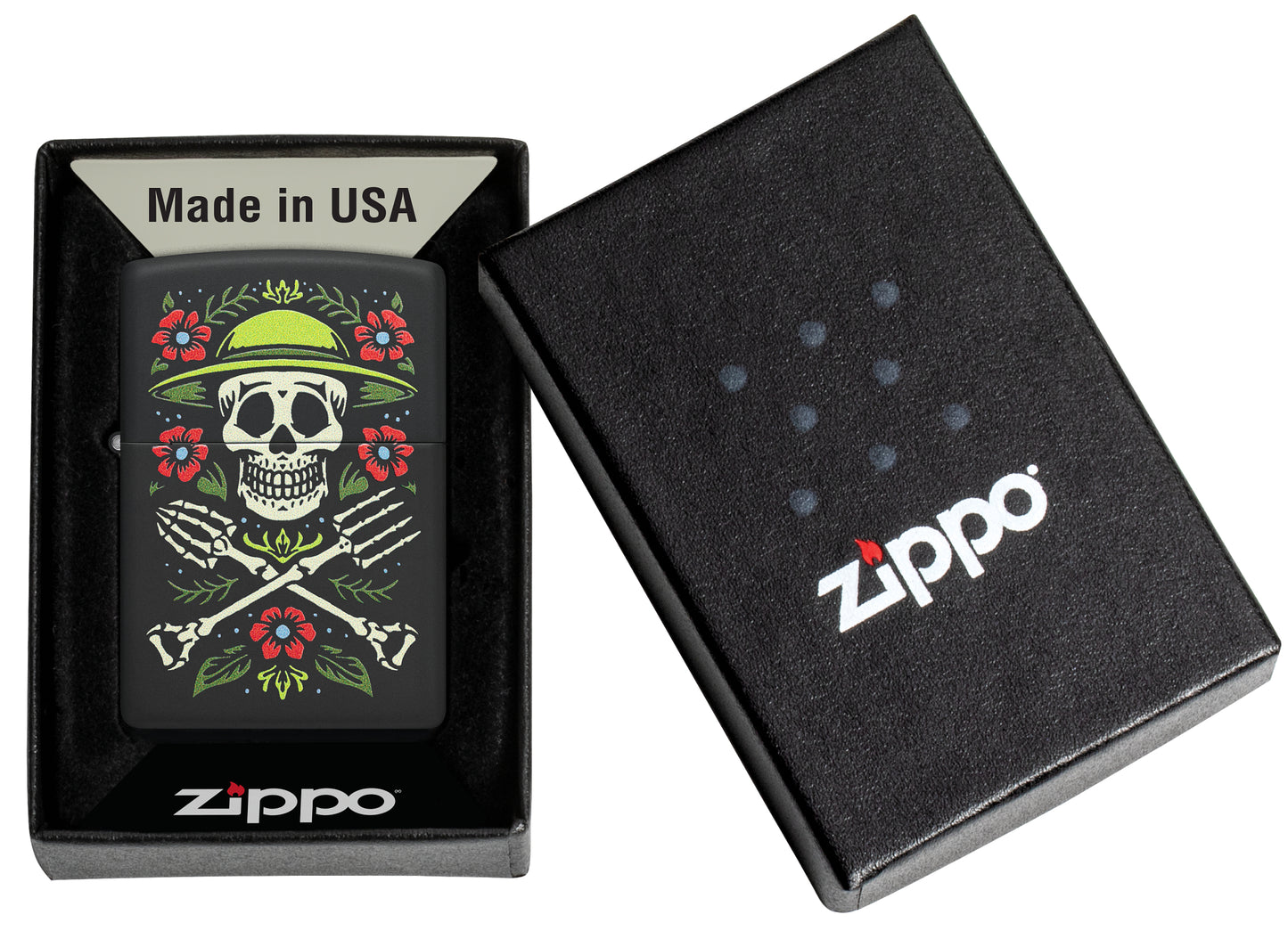 Zippo Garden for Life Design Black Matte Windproof Lighter in its packaging.