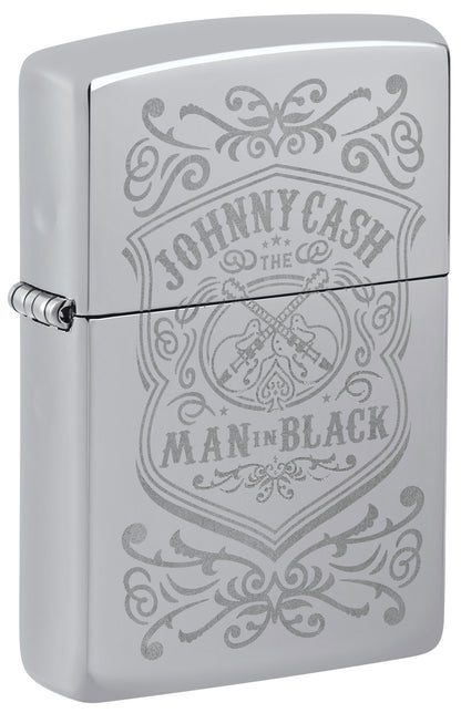 Front view of Zippo Johnny Cash High Polish Chrome Windproof Lighter standing at a 3/4 angle.