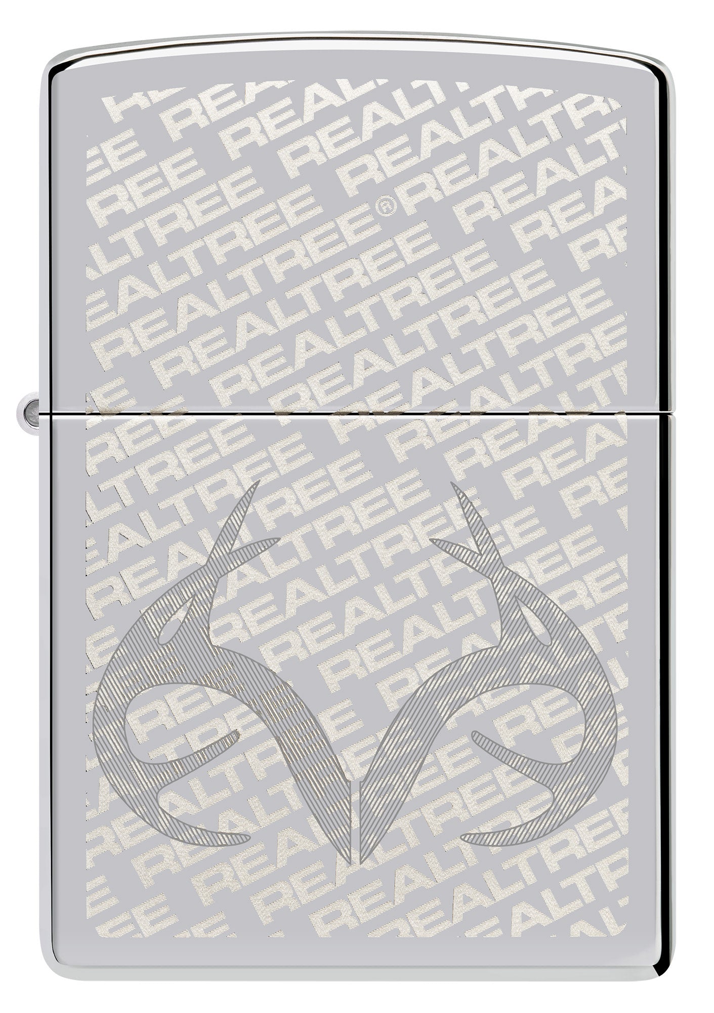 Front shot of Zippo RealTree High Polish Chrome Windproof Lighter.