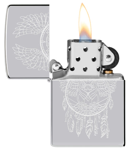 Zippo Dreamcatcher Design High Polish Chrome Windproof Lighter with its lid open and lit.