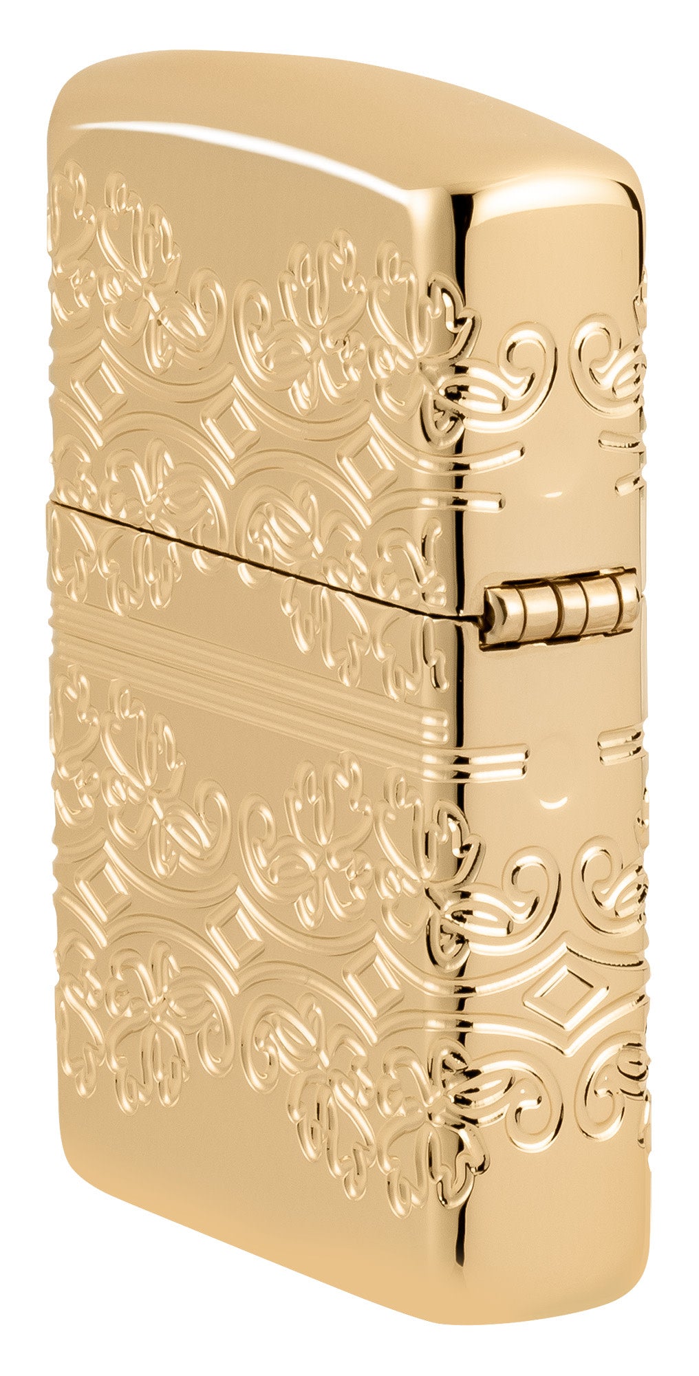 Angled shot of Zippo Lucky Clover Design Armor® High Polish Gold Plate Windproof Lighter showing the back and hinge side of the lighter.