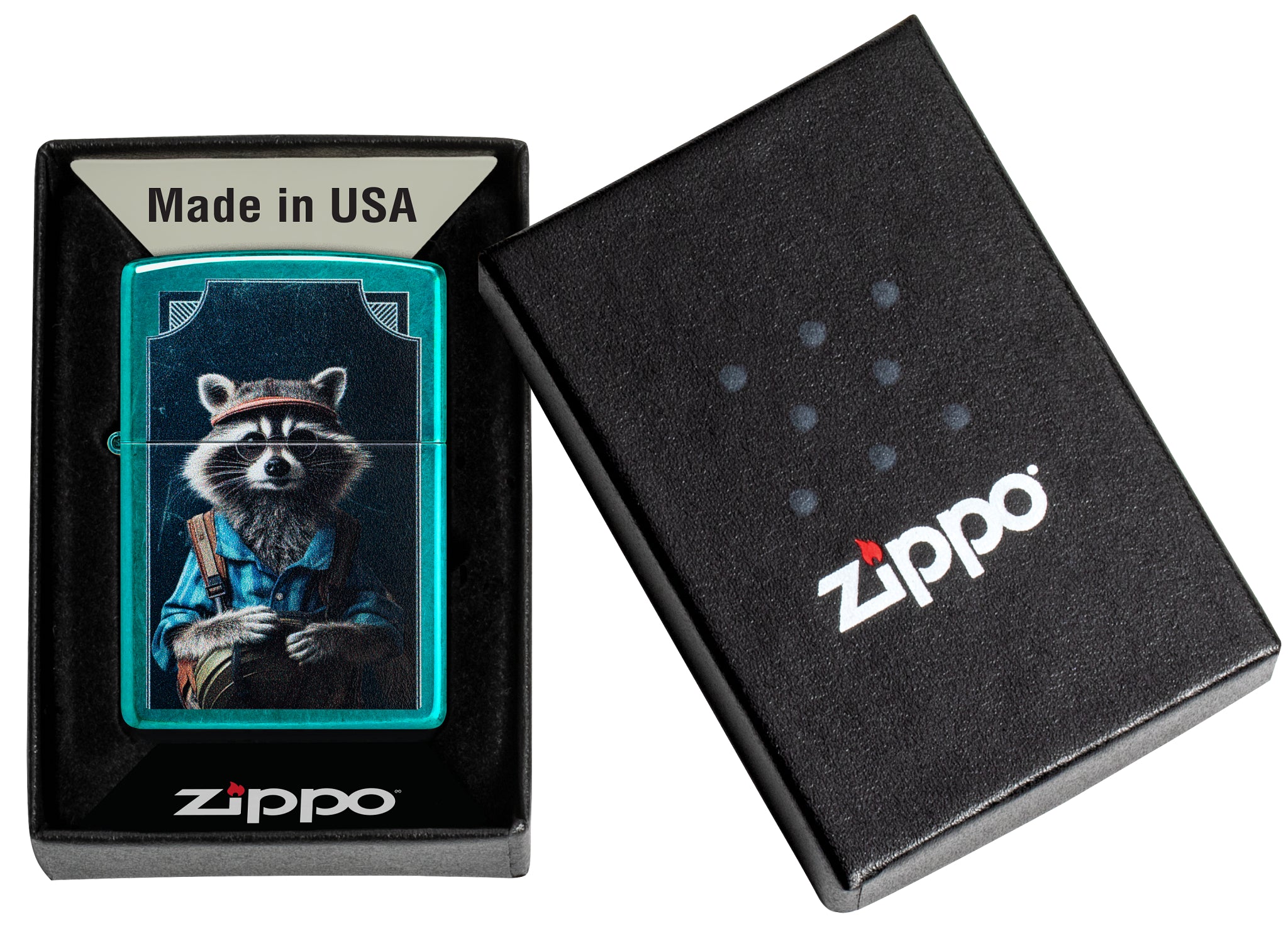 Zippo Refined Raccoon Design Translucent Candy Teal Windproof