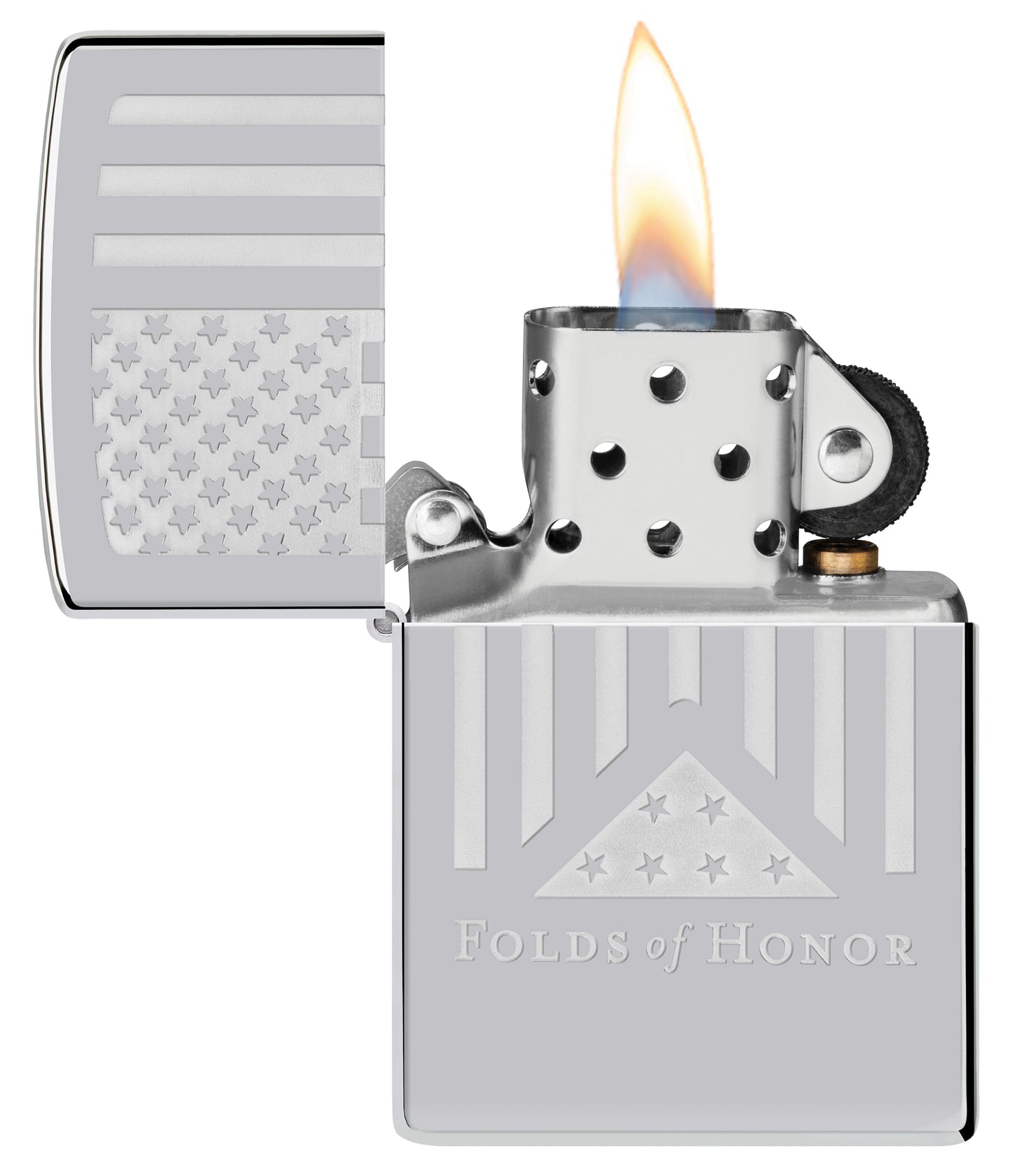Zippo Folds of Honor Etched Flag Design High Polish Chrome Windproof Lighter with its lid open and lit.