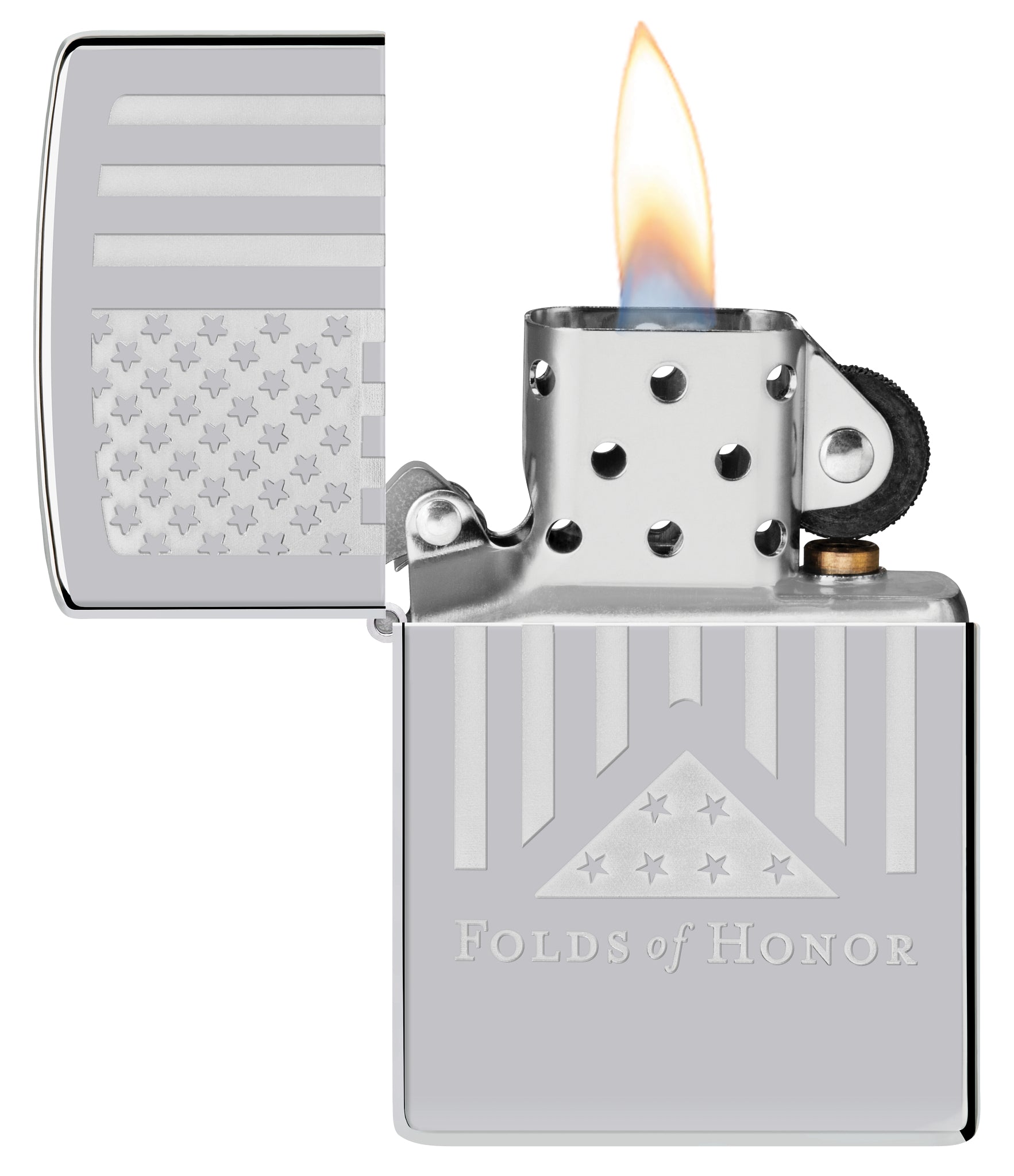 Zippo Folds of Honor Etched Flag Design High Polish Chrome Windproof Lighter with its lid open and lit.