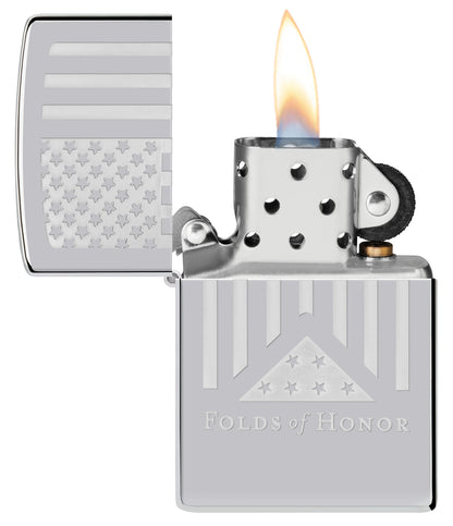 Zippo Folds of Honor Etched Flag Design High Polish Chrome Windproof Lighter with its lid open and lit.