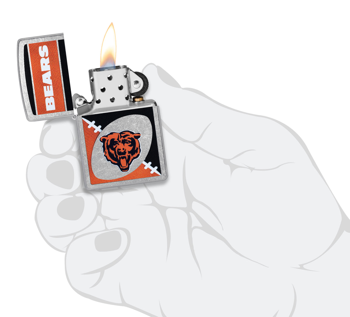 Zippo NFL Chicago Bears Street Chrome Windproof Lighter lit in hand.