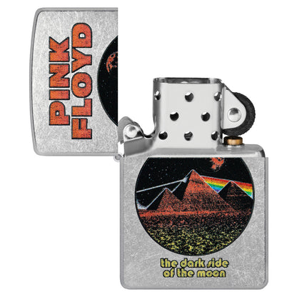Zippo Pink Floyd Pyramids Design Street Chrome Windproof Lighter with its lid open and unlit.