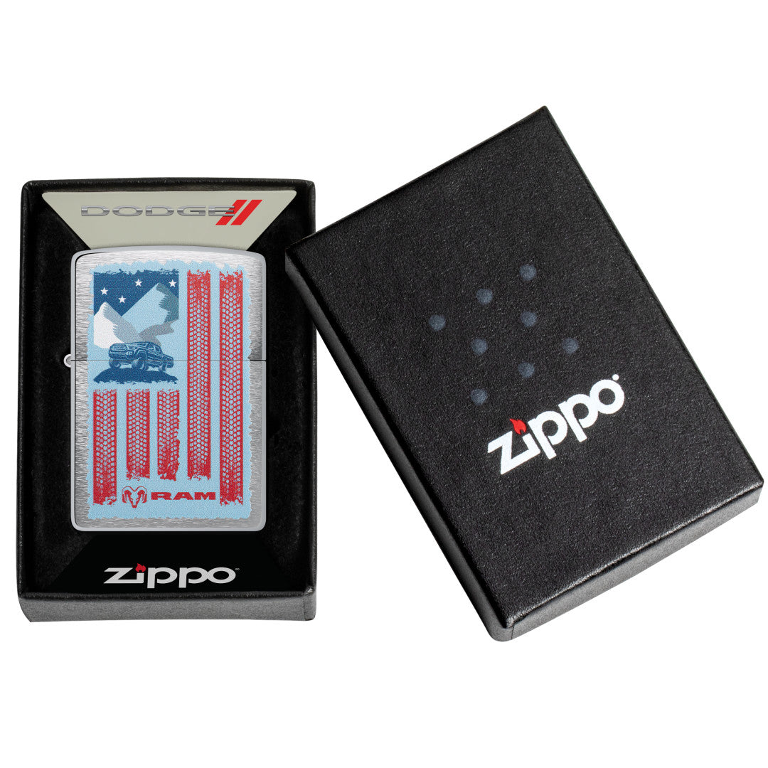 Zippo RAM Flag Design Brushed Chrome Windproof Lighter in its packaging.