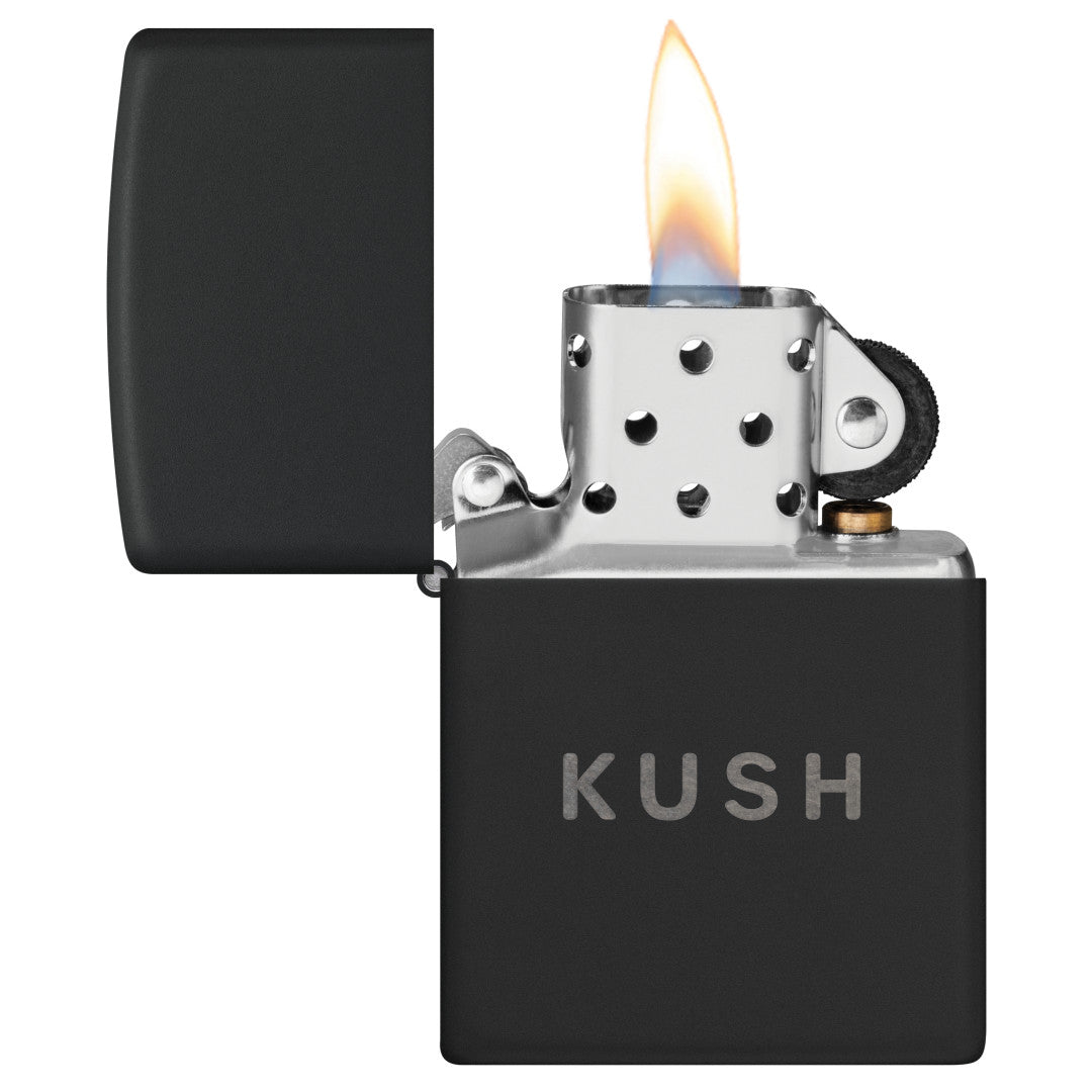 Zippo Kush Design Black Matte with Chrome Windproof Lighter with its lid open and lit.