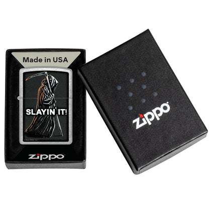 Zippo Buck Wear™ Slayin' It Design Street Chrome Windproof Lighter in its packaging.