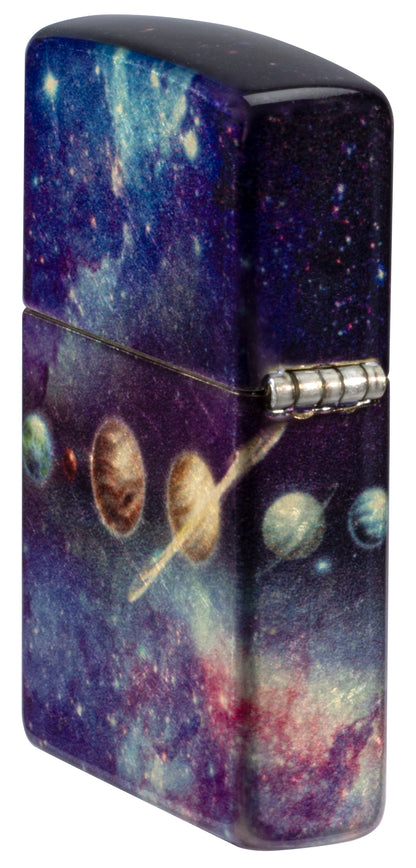 Angled shot of  Zippo Solar Flare Design 540 Tumbled Brass Windproof lighter showing the back and hinge side of the lighter.