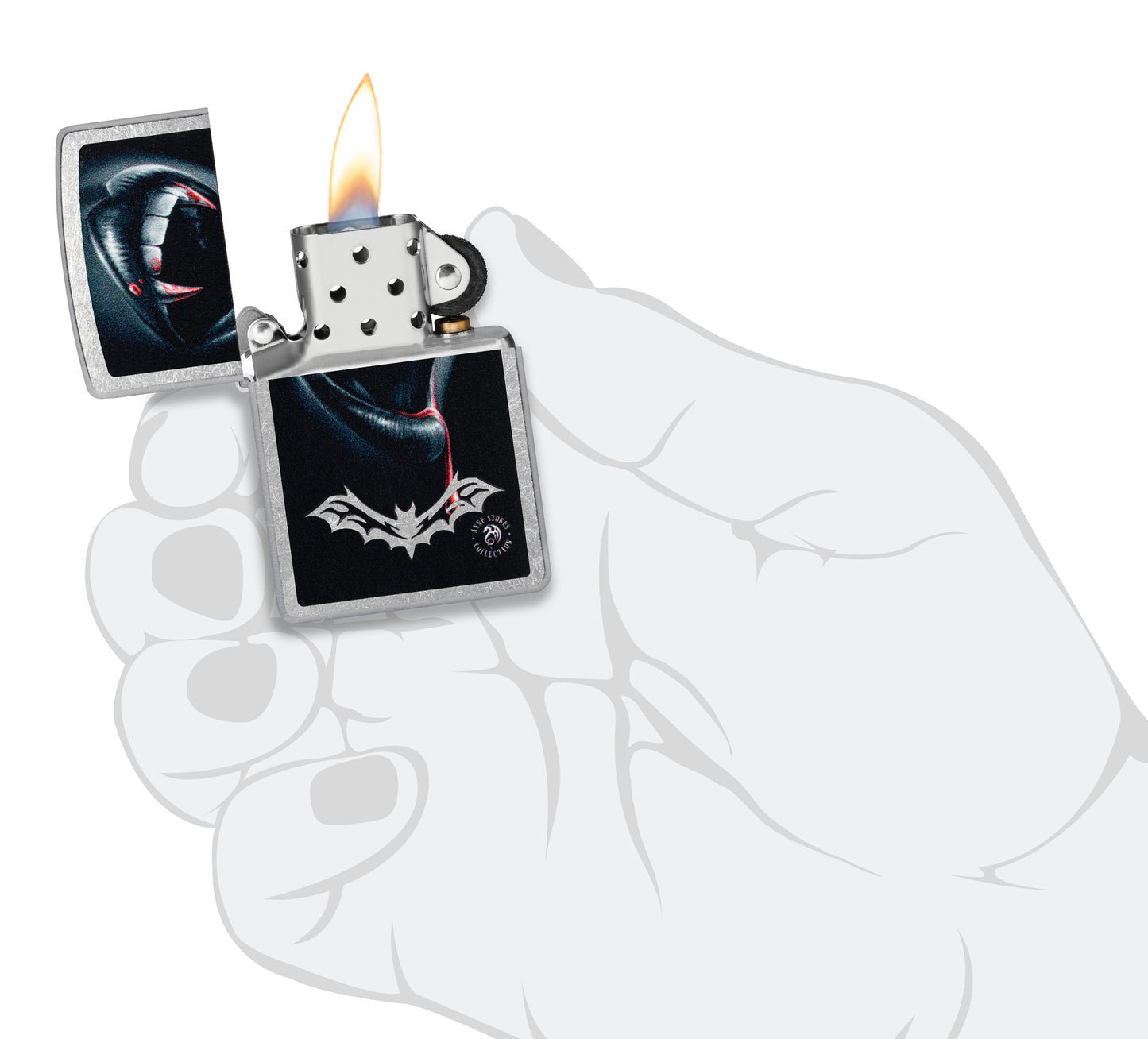 Zippo Anne Stokes Bite Design Street Chrome Windproof Lighter lit in hand.