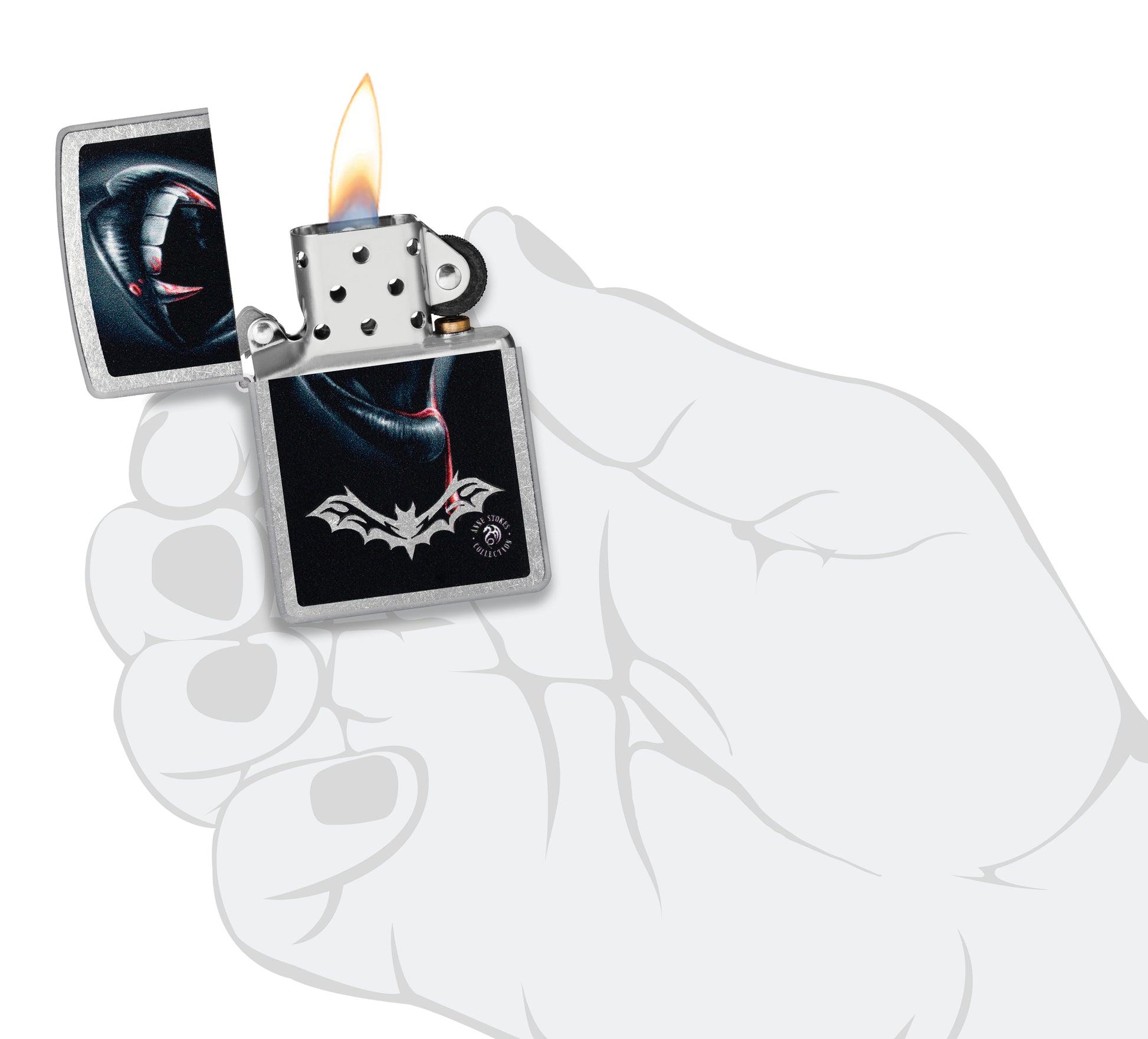 Zippo Anne Stokes Bite Design Street Chrome Windproof Lighter lit in hand.