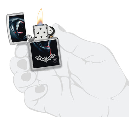 Zippo Anne Stokes Bite Design Street Chrome Windproof Lighter lit in hand.