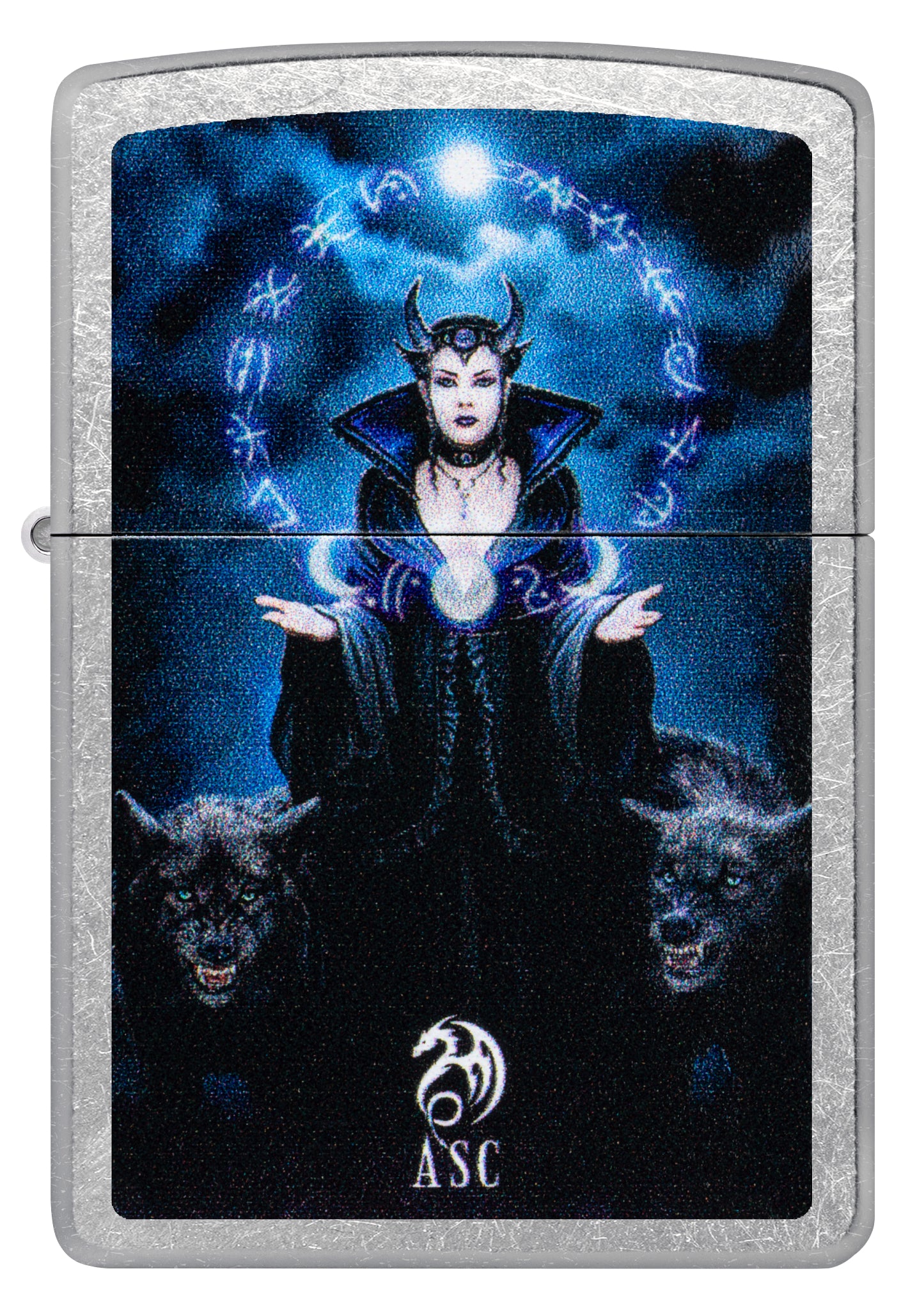 Front view of Zippo Anne Stokes Moon Witch Design Street Chrome Windproof Lighter.