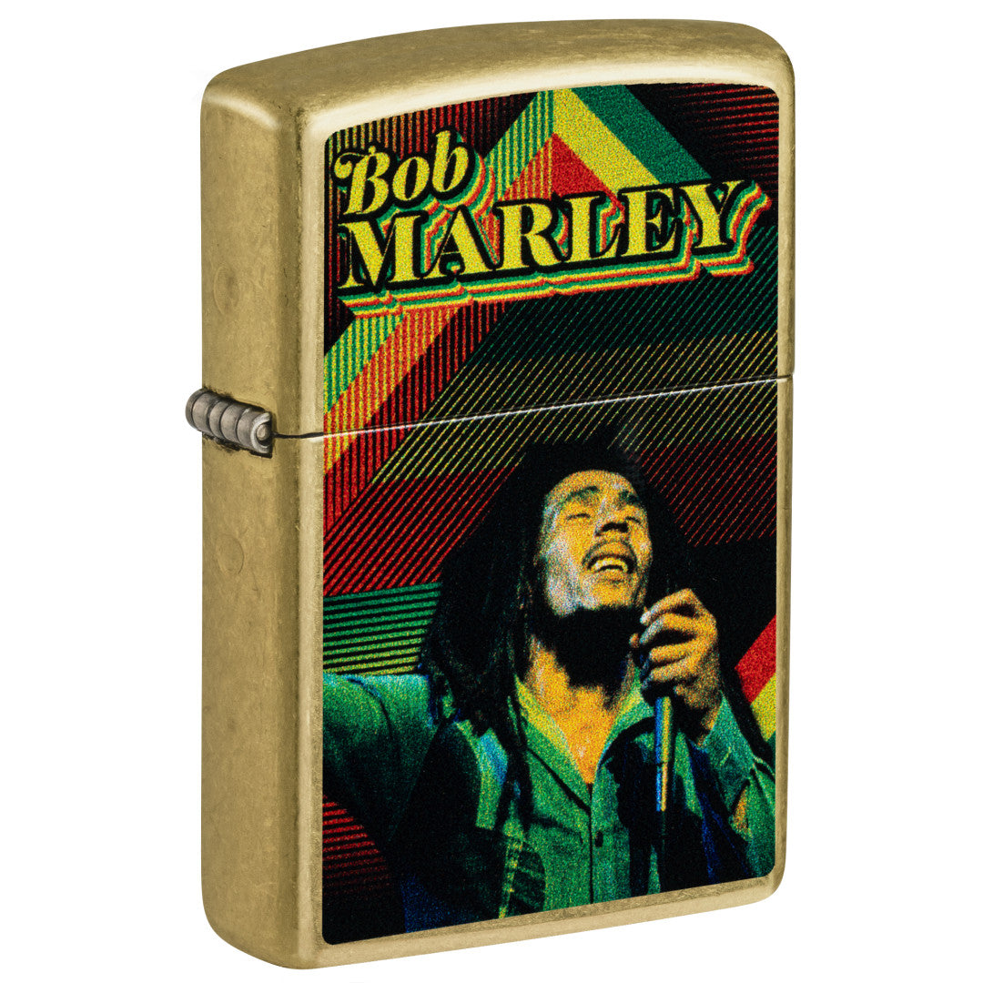 Front shot of Zippo Bob Marley Soul Design Street Brass Windproof Lighter standing at a 3/4 angle.