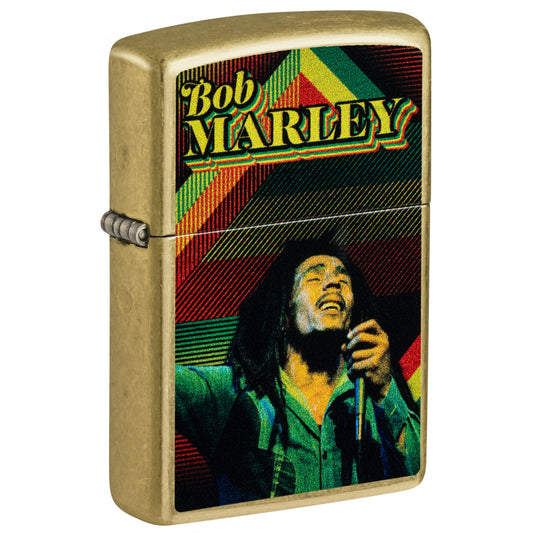 Front shot of Zippo Bob Marley Soul Design Street Brass Windproof Lighter standing at a 3/4 angle.