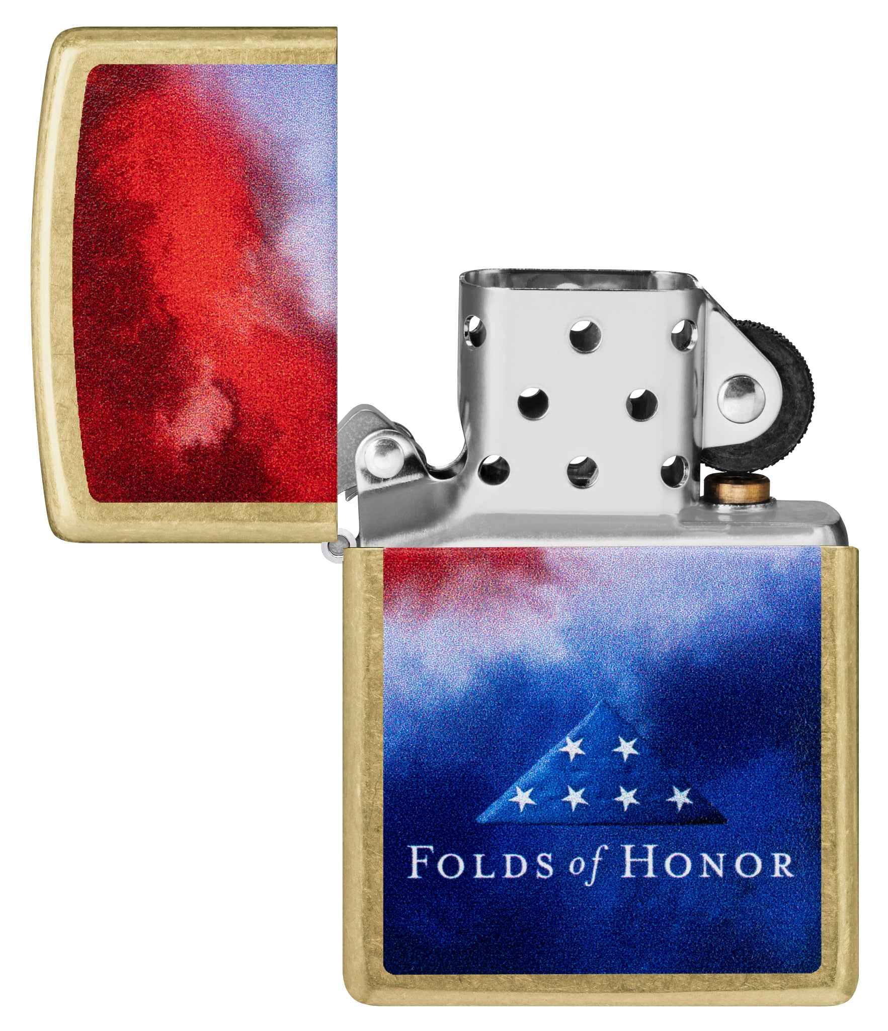 Zippo Folds of Honor Clouds Design Street Brass Windproof Lighter with its lid open and unlit.