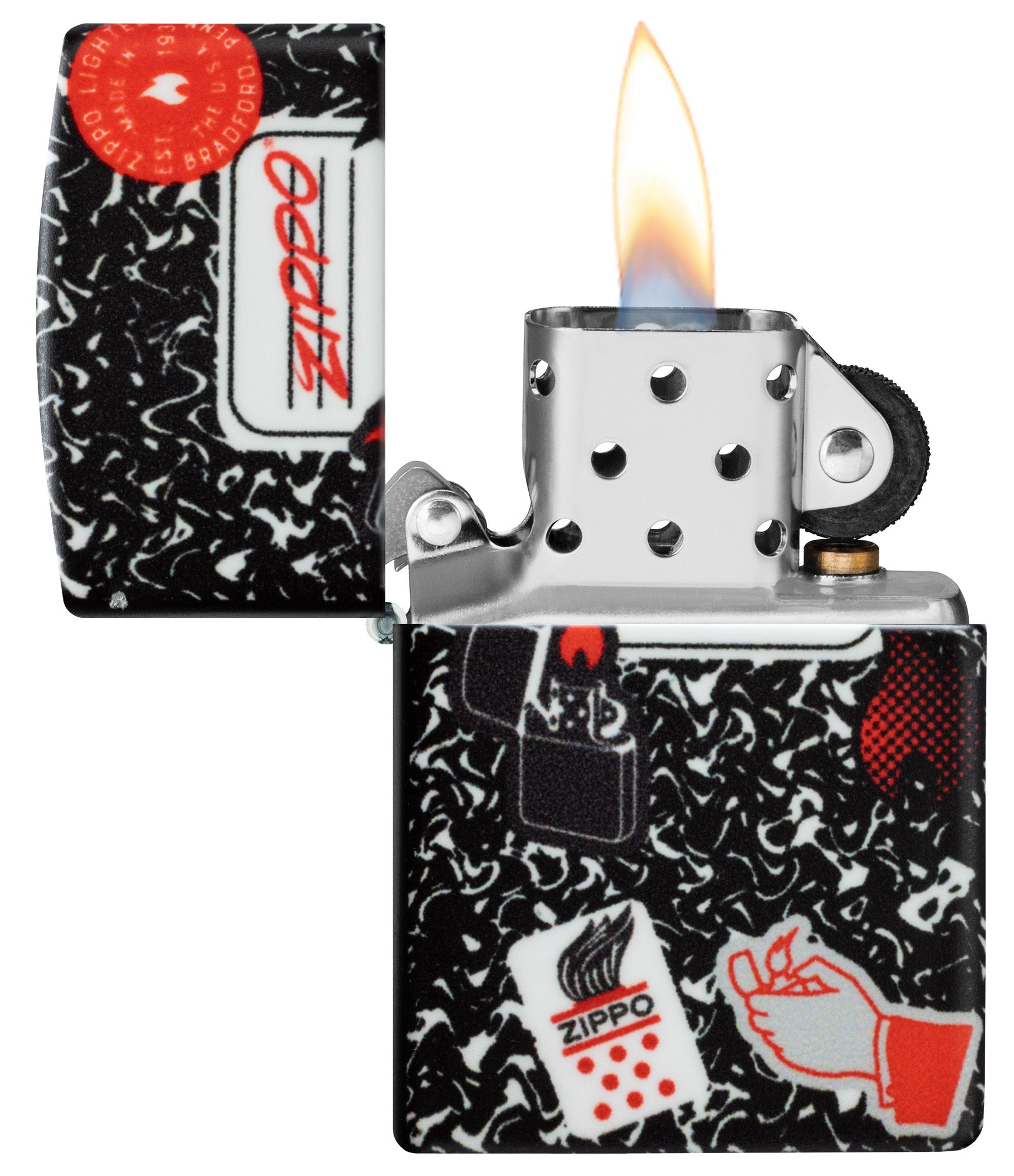 Zippo Notebook Design 540 Matte Windproof Lighter with its lid open and lit.