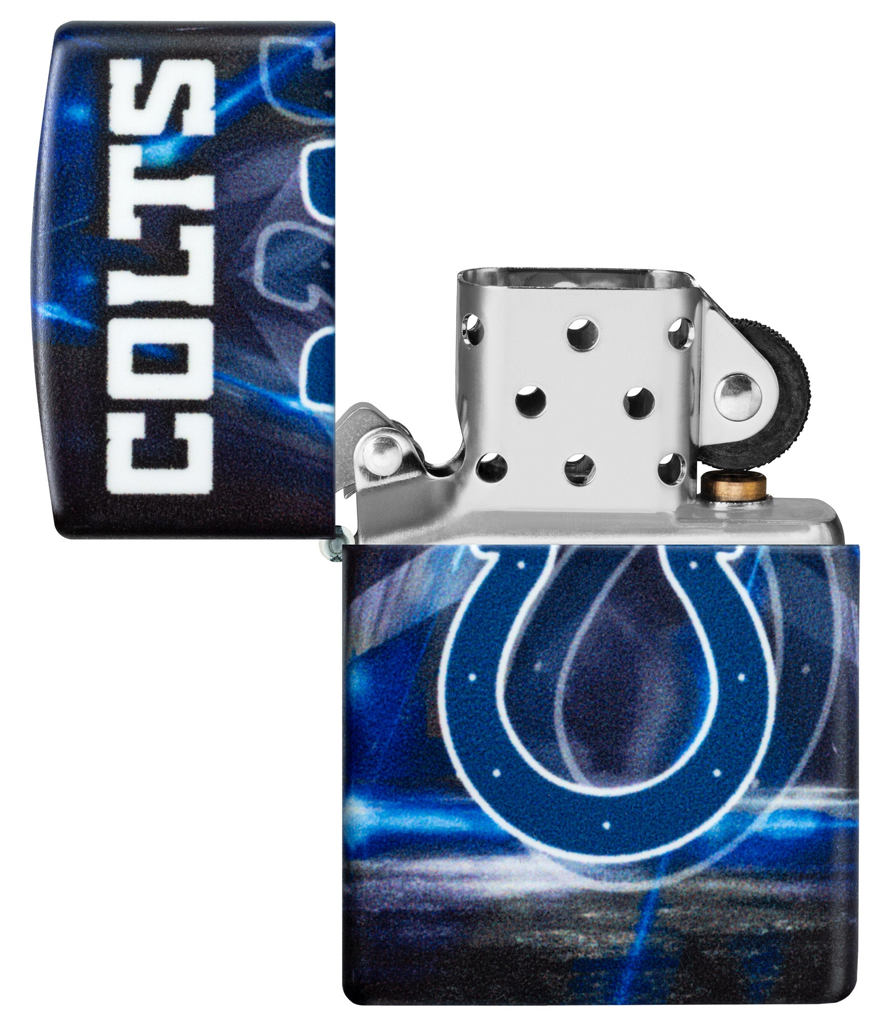 Zippo NFL Indianapolis Colts 540 Matte Windproof Lighter with its lid open and unlit.