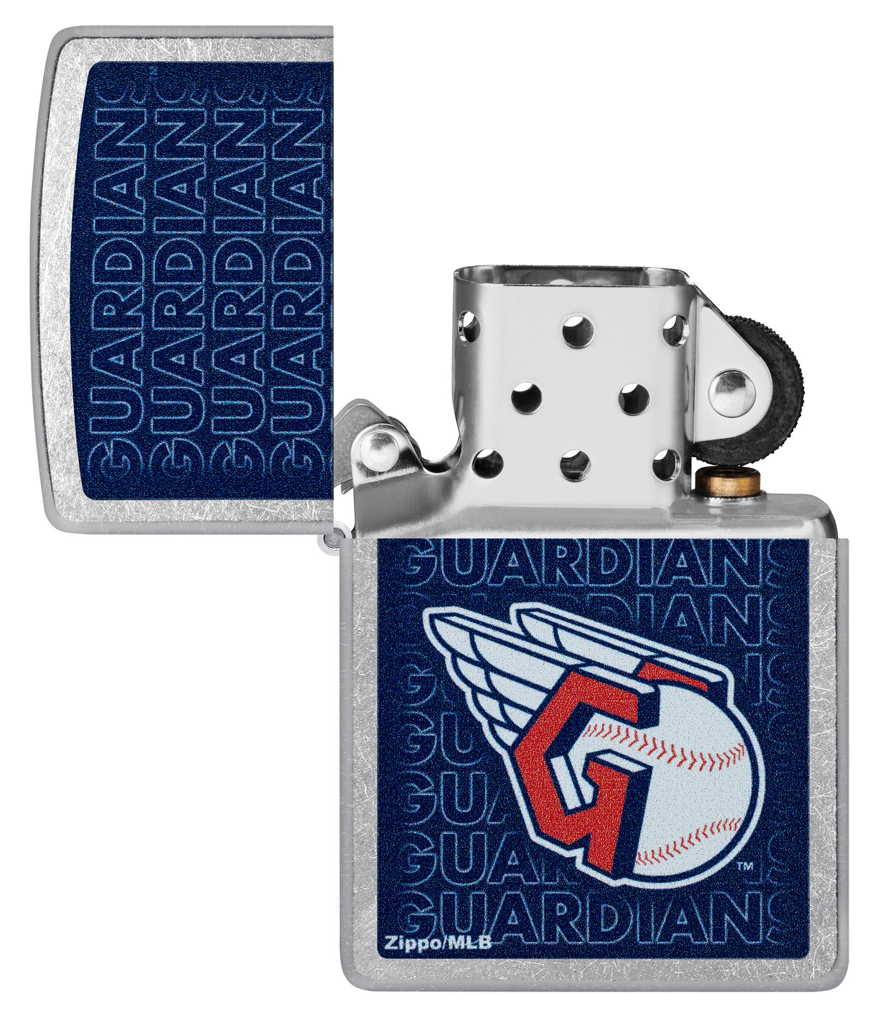 Zippo MLB® Cleveland Guardians Street Chrome Windproof Lighter with its lid open and unlit.