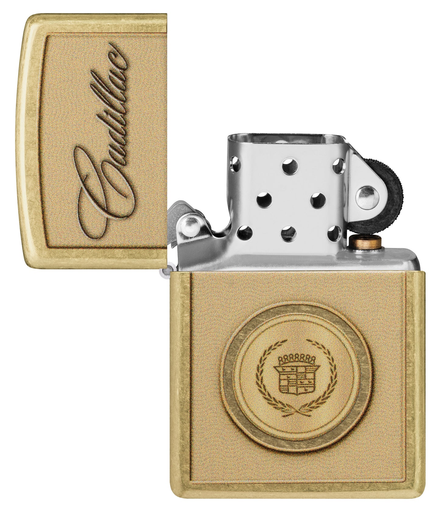 Zippo Cadillac Crest Design Street Brass Windproof Lighter with its lid open and unlit.


