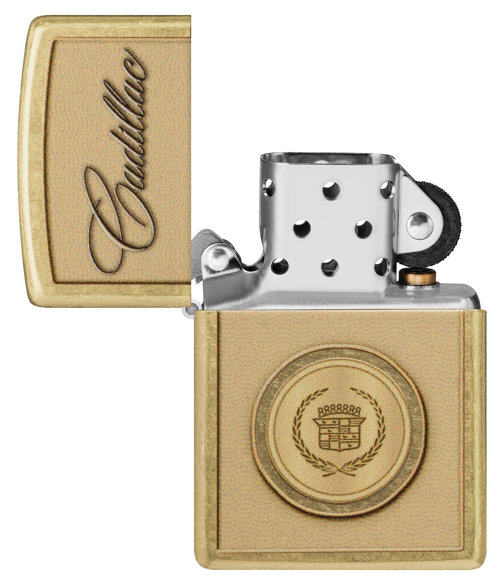 Zippo Cadillac Crest Design Street Brass Windproof Lighter with its lid open and unlit.


