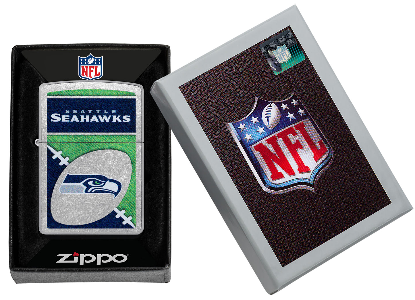 Zippo NFL Seattle Seahawks Street Chrome Windproof Lighter in its packaging.