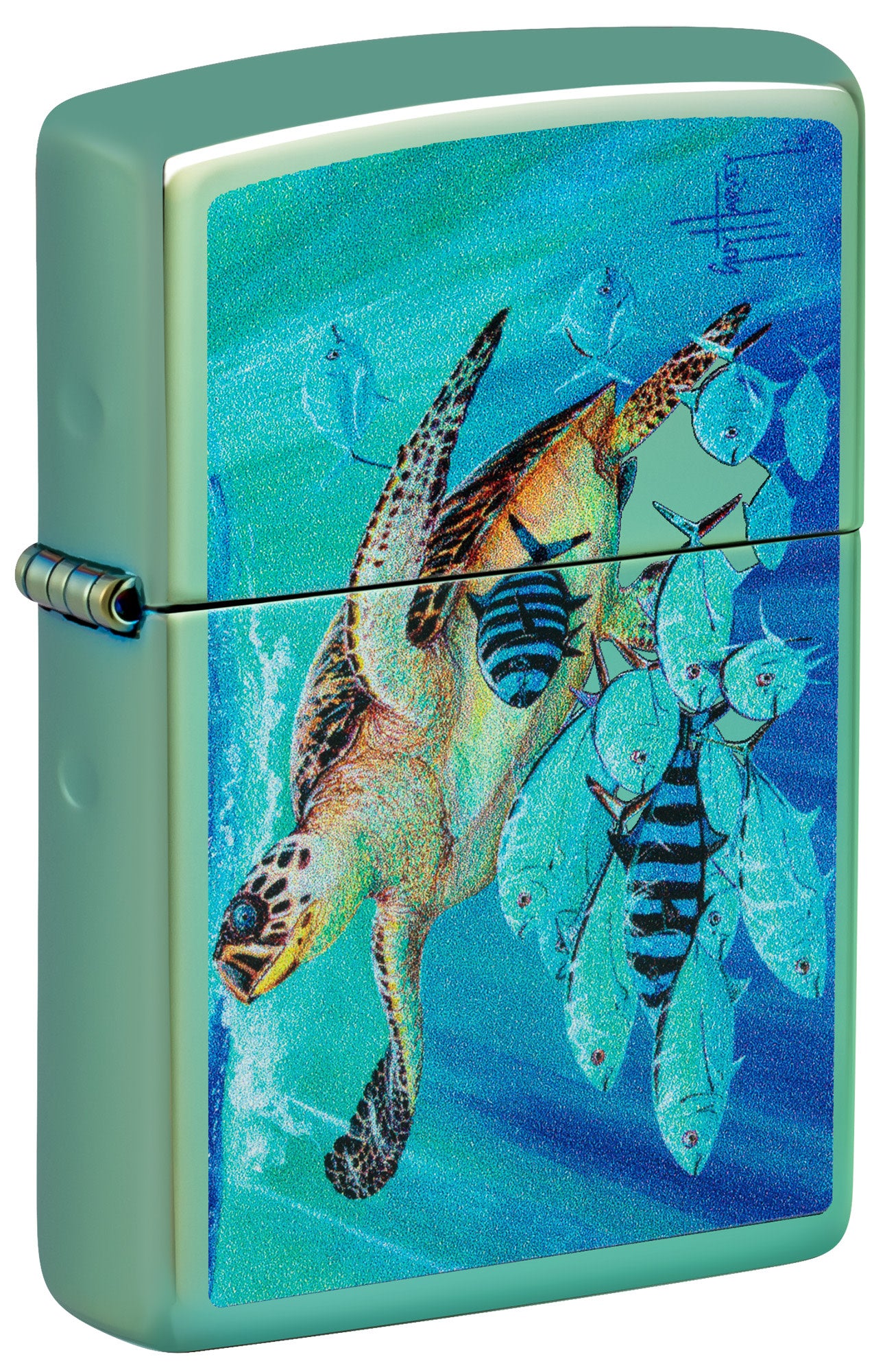 Front shot of Zippo Guy Harvey Hawksbill Caravan High Polish Green Windproof Lighter standing at a 3/4 angle.