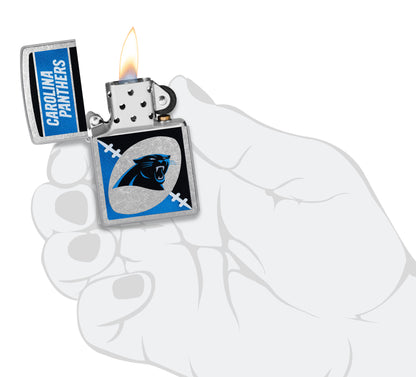 Zippo NFL Carolina Panthers Street Chrome Windproof Lighter lit in hand.