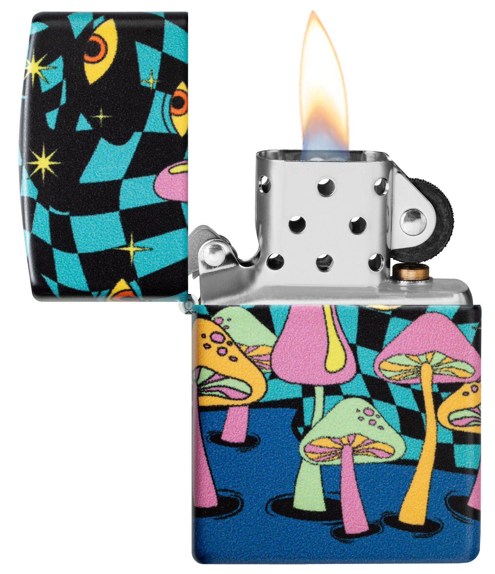 Zippo Mushroom Party Design Glow in the Dark Windproof Lighter with its lid open and lit.