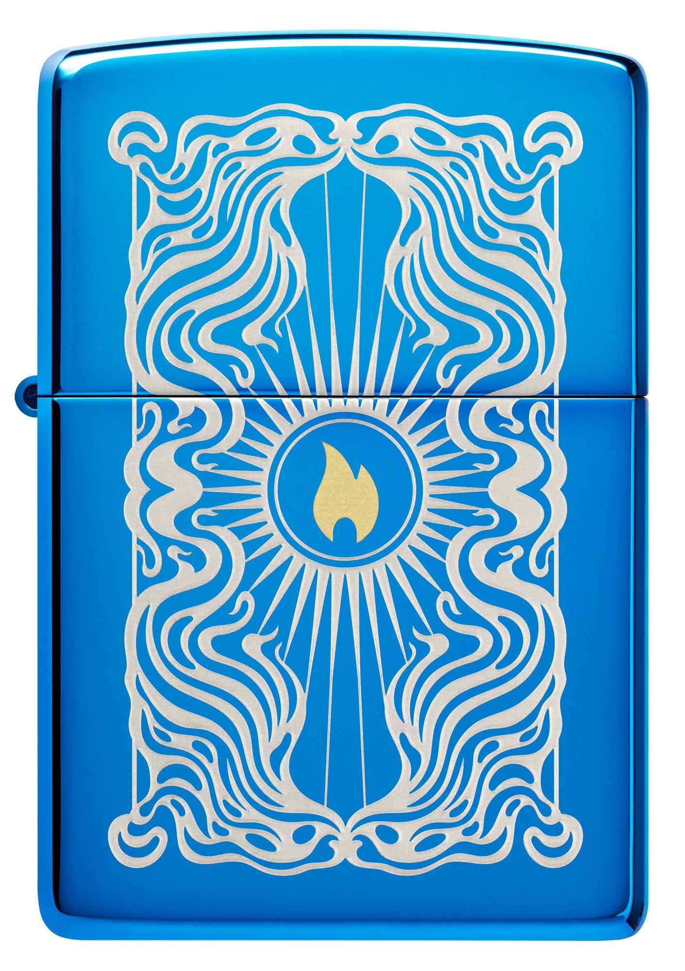 Front view of Zippo Fancy Flame Design High Polish Blue Windproof Lighter.