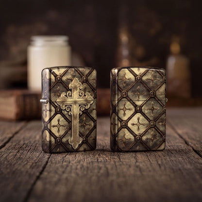 Lifestyle image of two Zippo Gilded Cross Design 540 Tumbled Brass Windproof Lighters both standing on a wooden surface one showing the front and hinge side of the lighter while the other is showing the back and non-hinge side of the lighter. The background is out of focus with jar candles and a book. 

