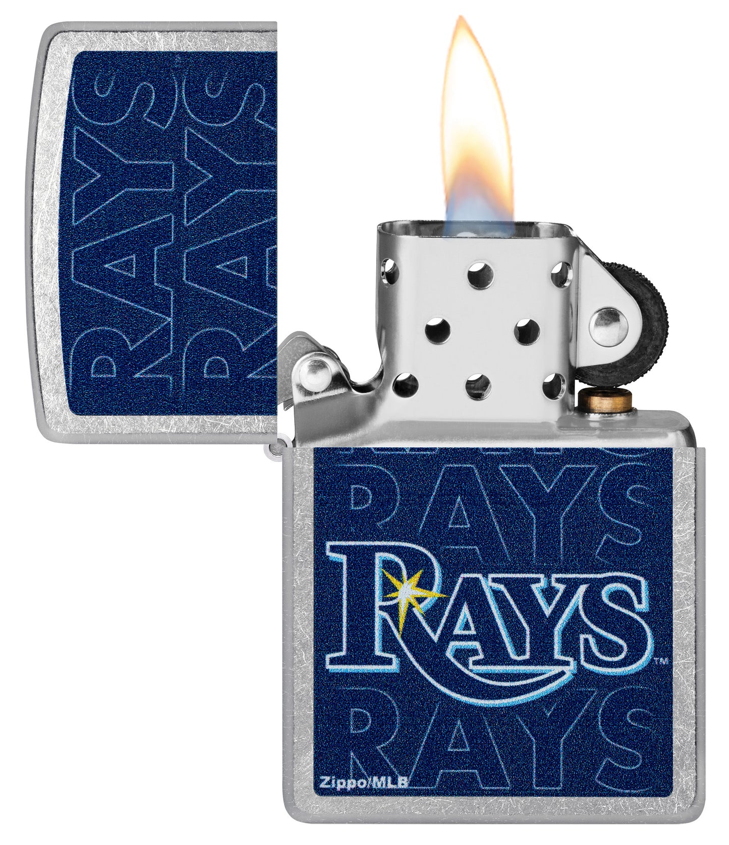 Zippo MLB® Tampa Bay Rays Street Chrome Windproof Lighter with its lid open and lit.