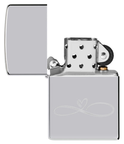 Infinity Heart Design Windproof Lighter with its lid open and unlit