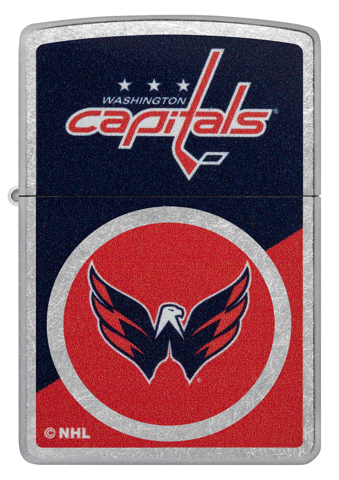 Zippo NHL® Washington Capitals® 2024 Street Chrome™ Windproof Lighter with its lid open and lit.