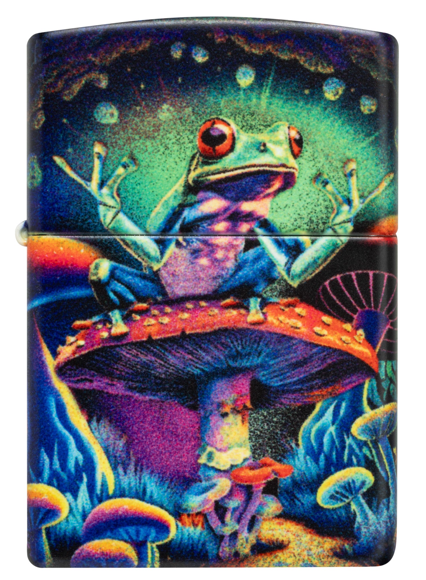 Front view of Zippo Zen Frog Design Glow in the Dark Matte Windproof Lighter.