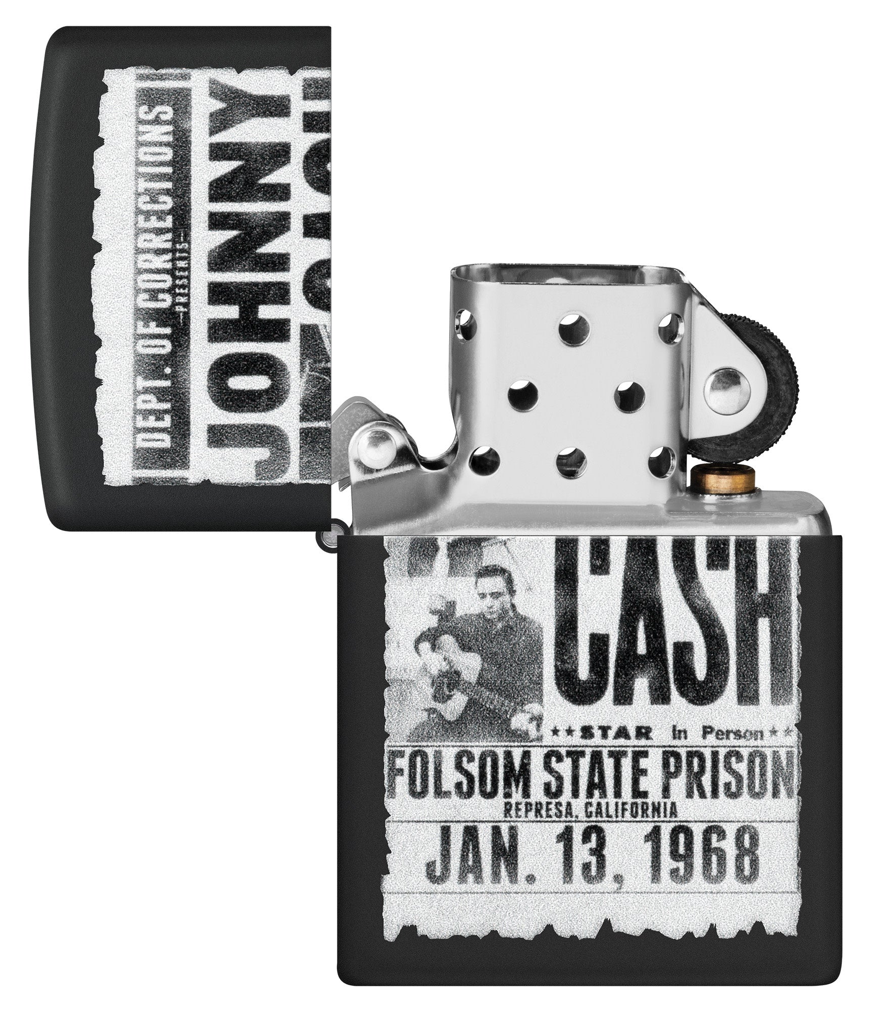 Zippo Johnny Cash Folsom State Prison Poster Design Black Matte Windproof Lighter with its lid open and unlit.