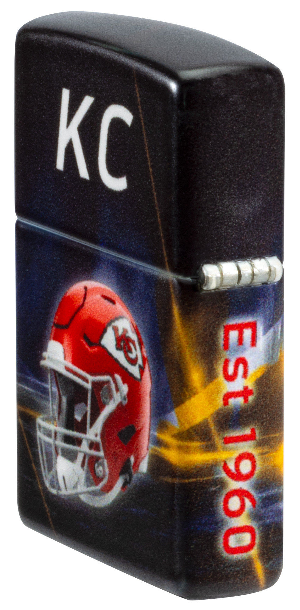 Angled shot of Zippo NFL Kansas City Chiefs 540 Matte Windproof Lighter showing the back and hinge sides of the lighter.