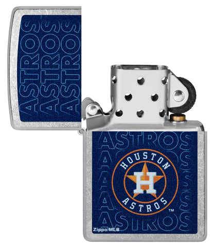 Zippo MLB® Houston Astros Street Chrome Windproof Lighter with its lid open and unlit.