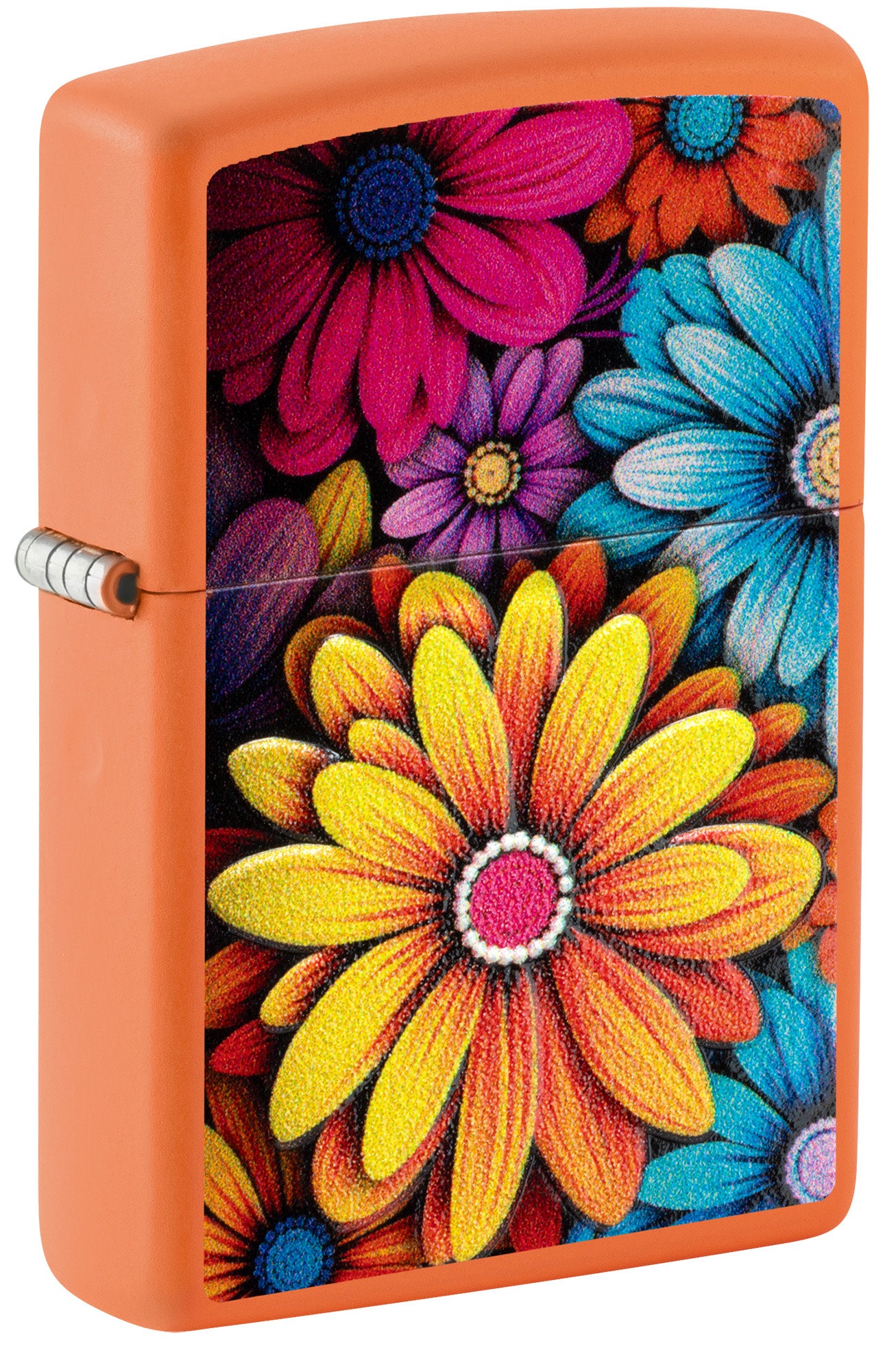 Front shot of Zippo Flowers Design Orange Matte Windproof Lighter standing at a 3/4 angle.