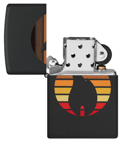 Zippo Colorblock Zippo Design Black Matte Windproof Lighter with its lid open and unlit.