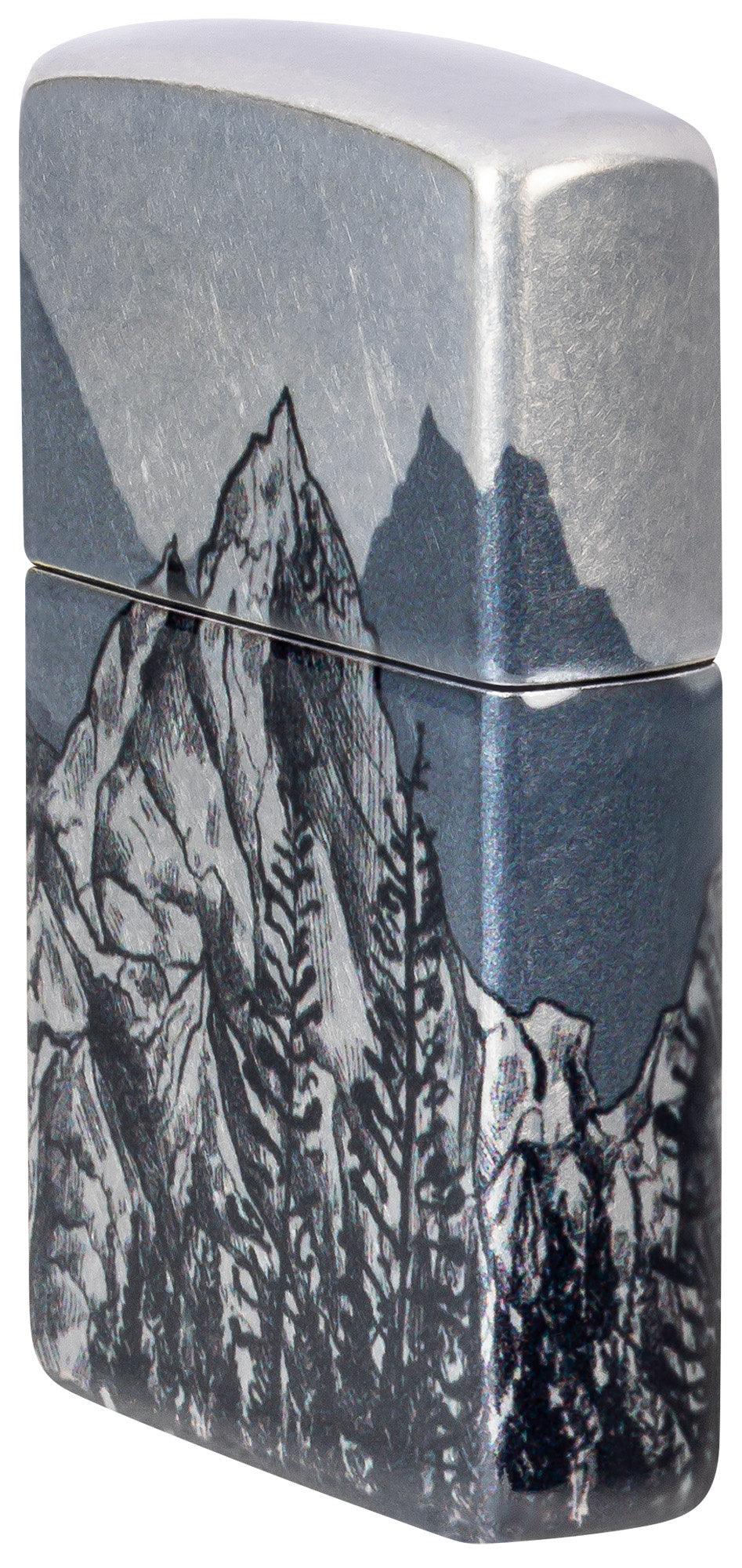 Angled shot of Zippo Mountain Sketch Design 540 Tumbled Chrome Windproof Lighter showing the front and right side of the lighter.