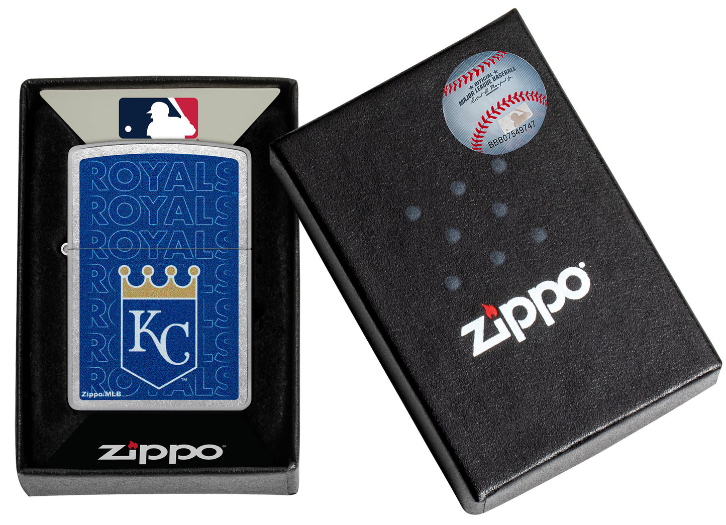 Zippo MLB® Kansas City Royals Street Chrome Windproof Lighter in its packaging.