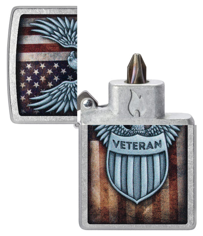 Veterans Crest Design Windproof Lighter with its lid open and showing the Bit Safe Screwdriver USA. 